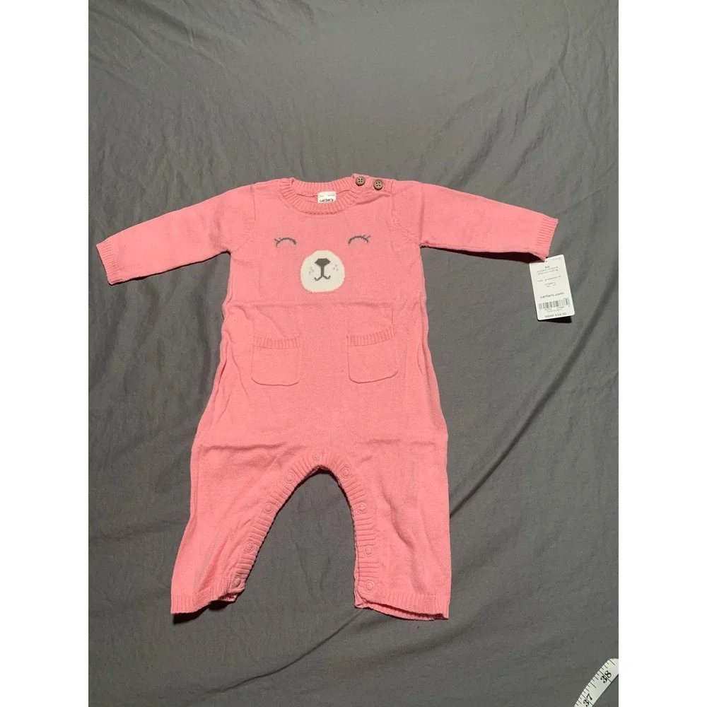 Carters Baby Girls Pink Bear Knit Jumpsuit Romper Sweater One Piece‎ 3M NEW